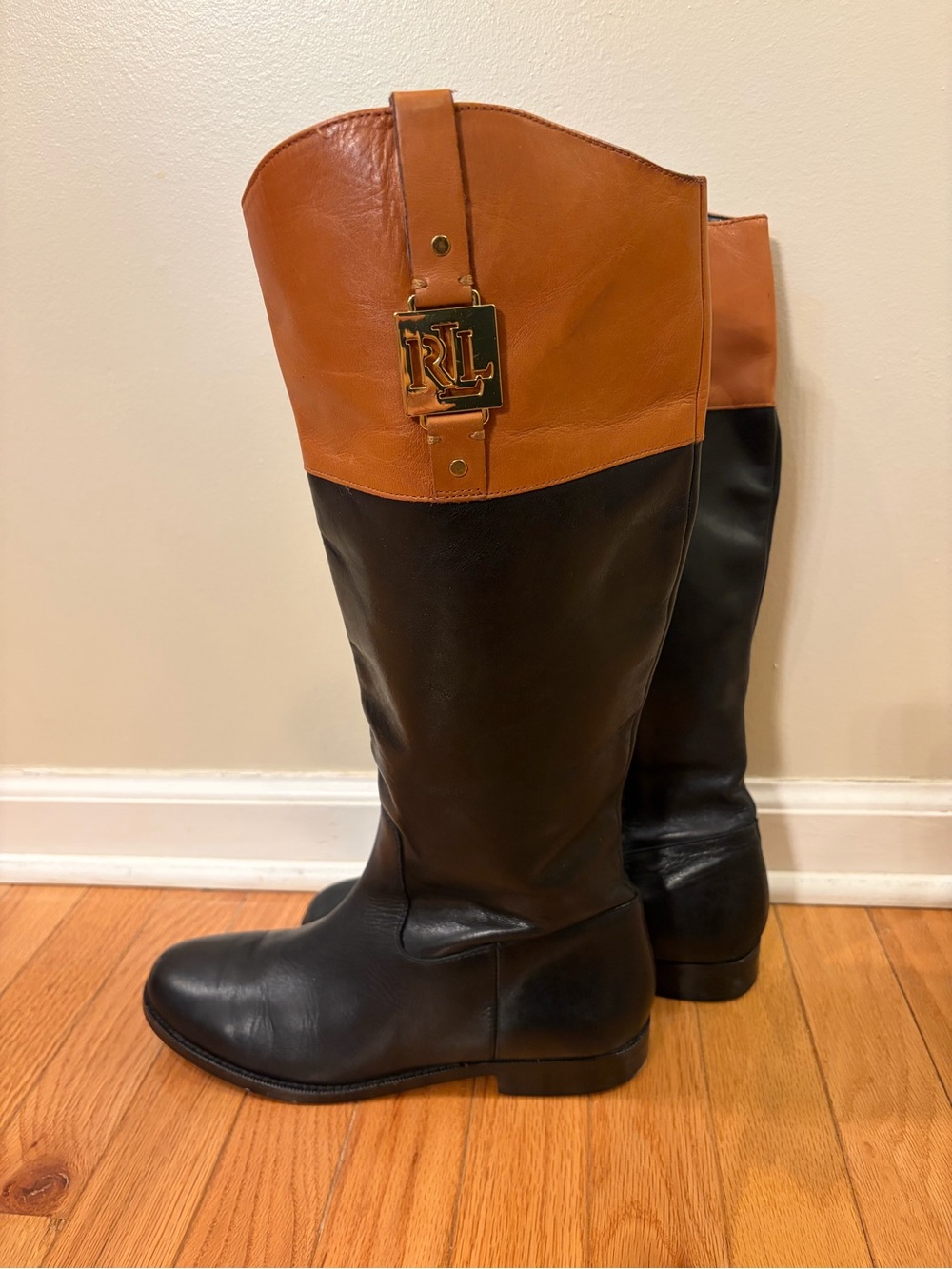 Ralph Lauren Jaden Black and Tan Two-Tone Leather Riding Boots with RL Plaque